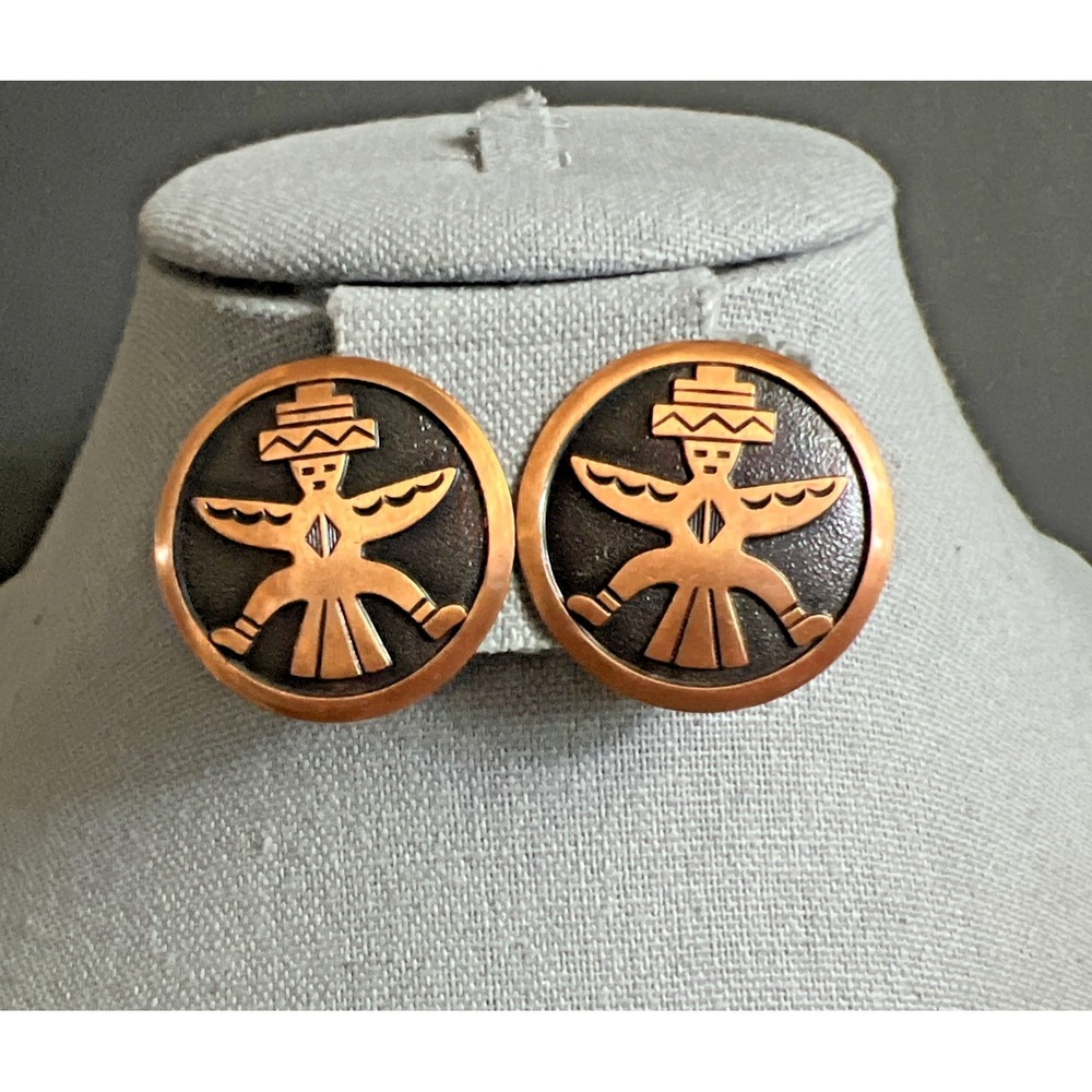 Vintage Ethic Copper Clip Earrings Aztec Dancer Design Black Enamel‎ Knifewing